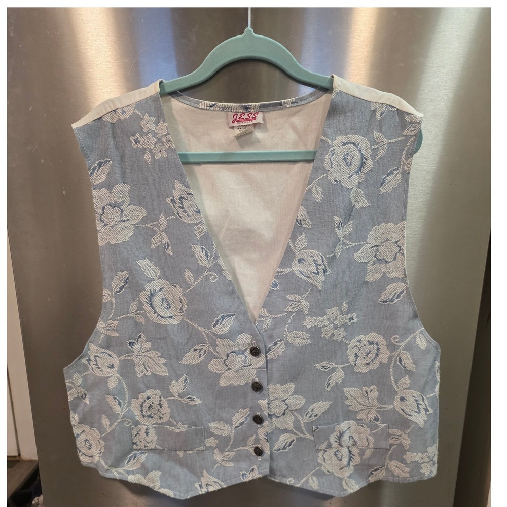 Vintage Jess Blue Floral Tapestry Vest Women 22W Made in USA Cottagecore Rose